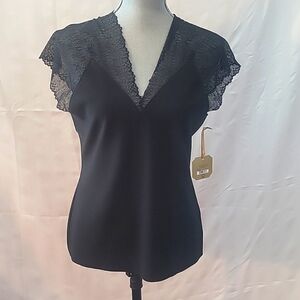 Ryegrass Womens Black V-Neck Short Sleeve Blouse, Size: L, NWT
